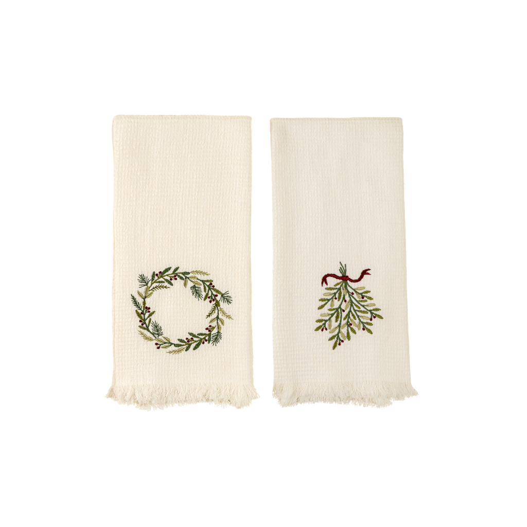 S/2 Embroidered Wreath & Mistletoe Hand Towels