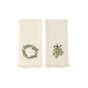 S/2 Embroidered Wreath & Mistletoe Hand Towels