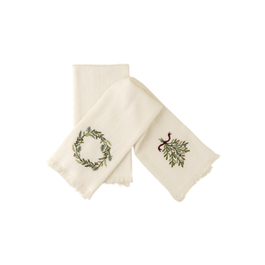 S/2 Embroidered Wreath & Mistletoe Hand Towels