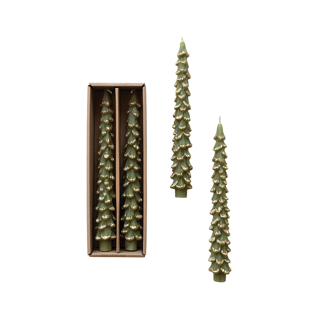 10" Gold Tip Green Tree Taper Candle- Set of 2