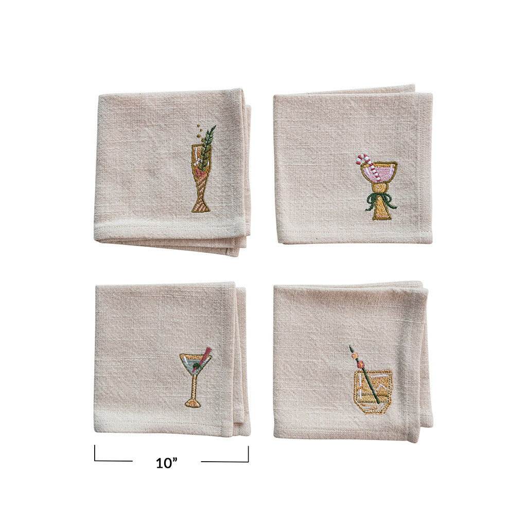 Embroidered Holiday Cocktail Napkins - Set of 4