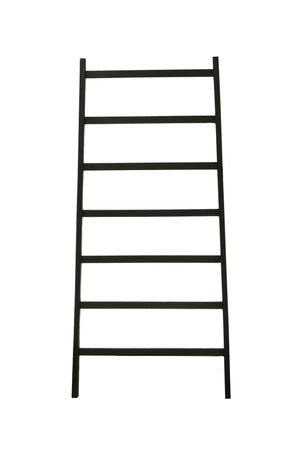 Front view of decorative black wood ladder. Widens from top to bottom.