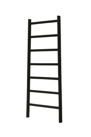 Side angle view of decorative black wood ladder. Widens from top to bottom.
